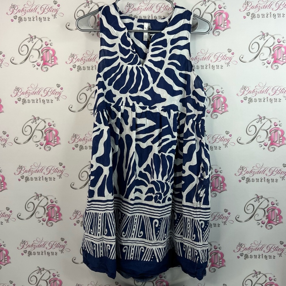 Kaktus dress mini tribal Vneck striped Blue and White Patterned Mini Dress
